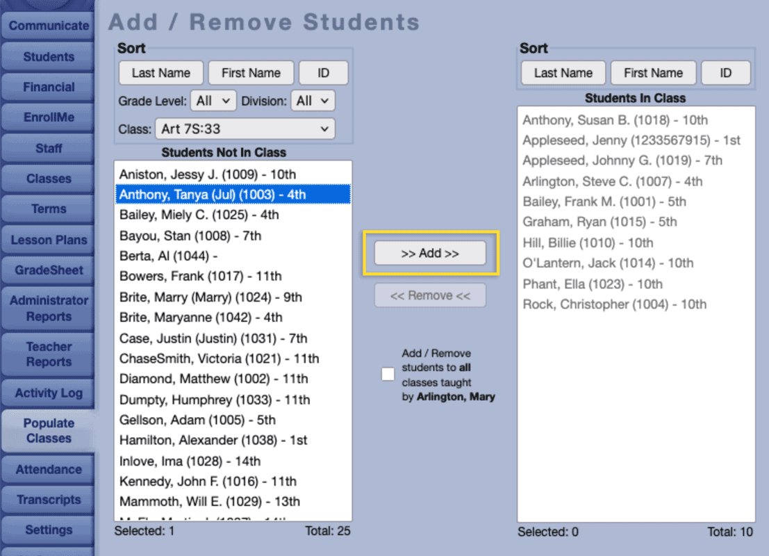 Populate Classes Tab