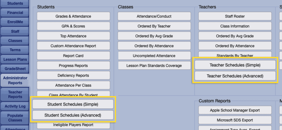 Admin Reports: Student and Teacher Schedules