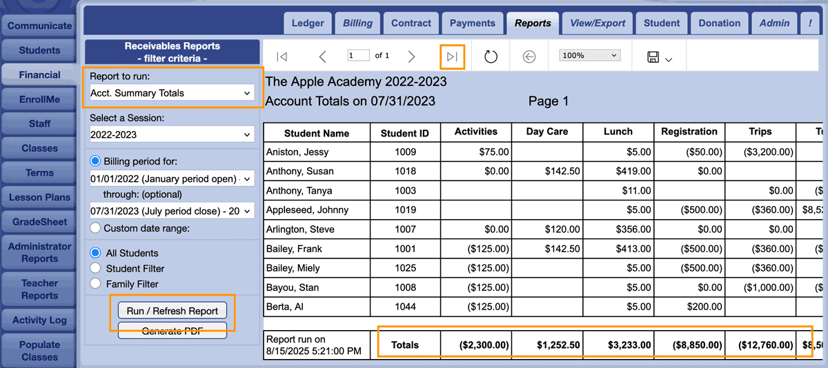 Accounts Summary Totals