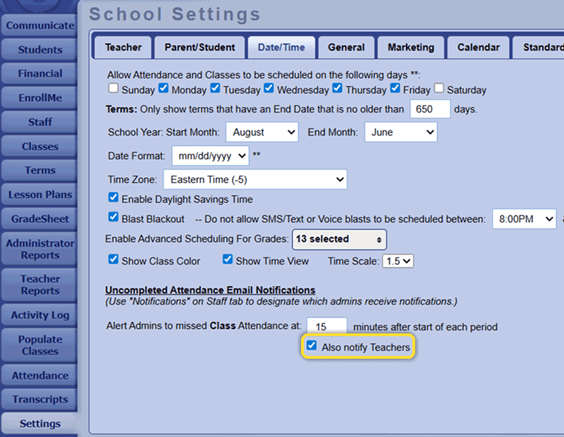 Uncompleted Attendance School Settings