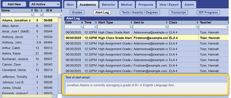 Text of Alert Email