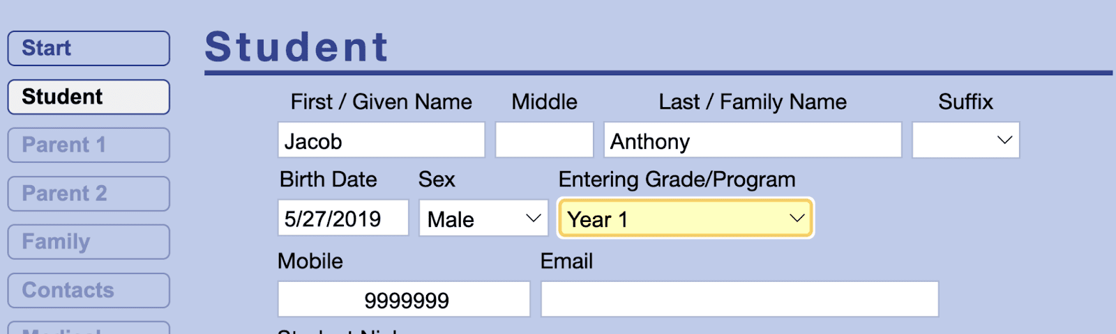 Student Tab in EnrollMe