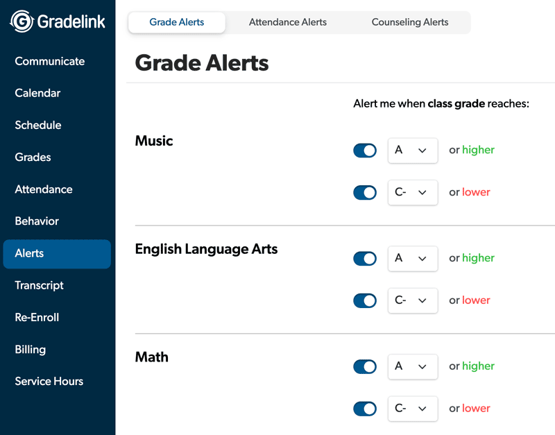 Grade Alerts Settings in the Gradelink Parent Portal