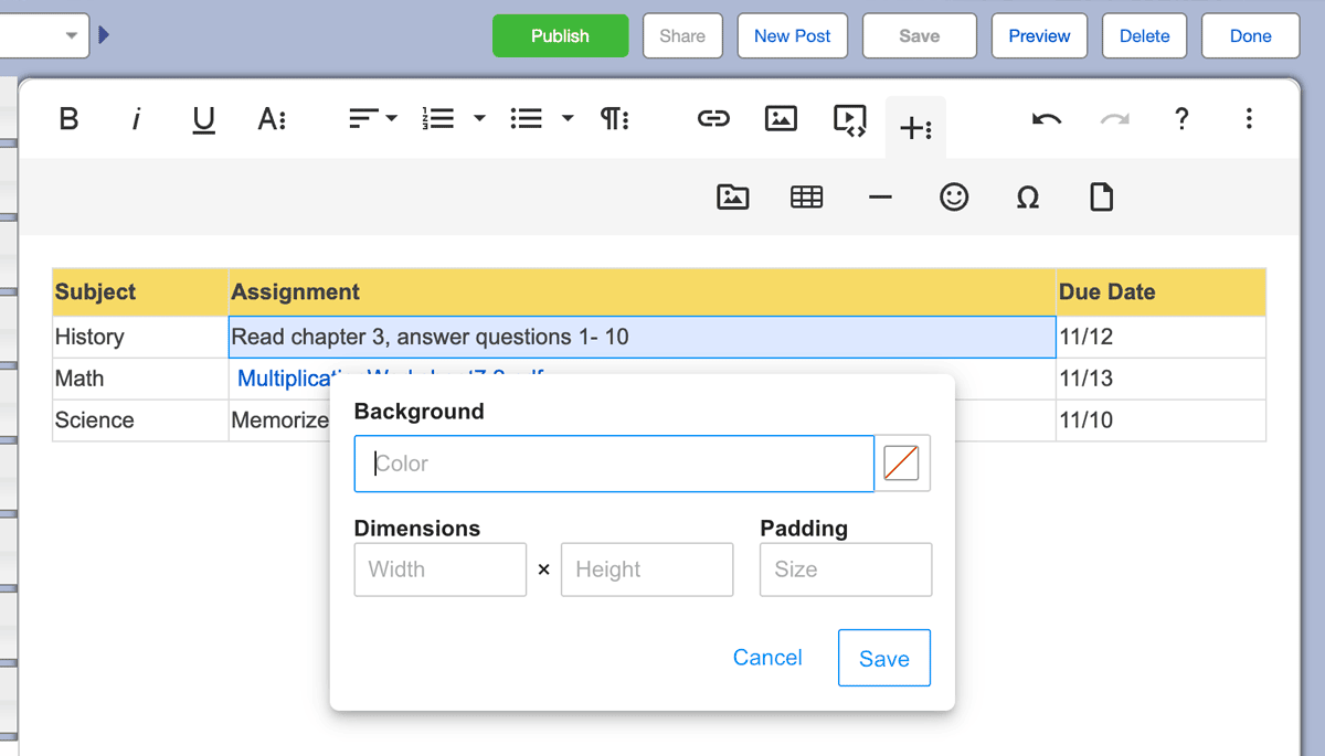Cell Properties Options