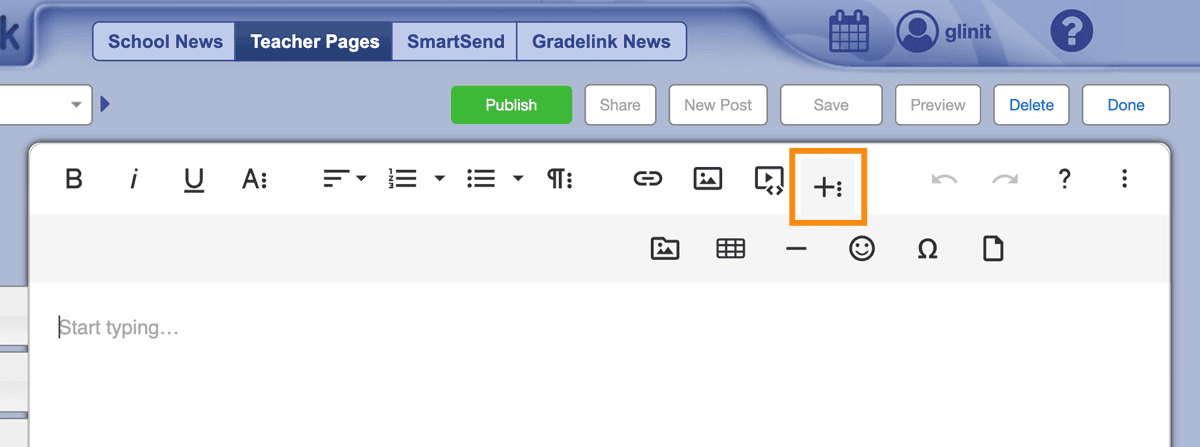 Insert tables, horizontal lines, and special characters, and upload files into your School News, Teacher Pages, and Emails.